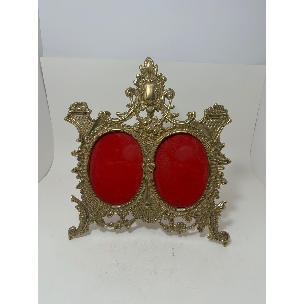 Vintage Ornate Brass Double Oval Picture Frame Rococo Style Red Velvet Backing